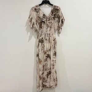 Sandro Paris Toile Print Ruffle Midi Dress Cream Brown Floral Maxi Dress